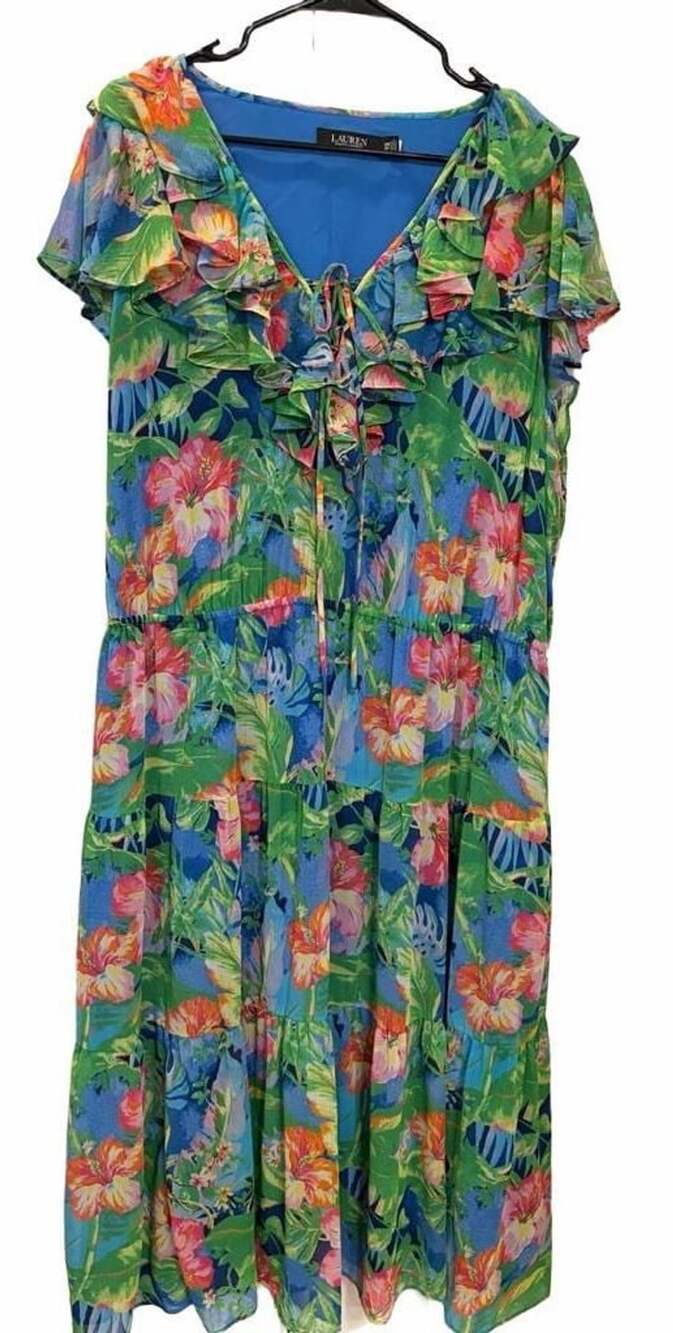 Lauren Ralph Lauren 20W Tropical Floral Ruffle Maxi Dress NWT Plus Size